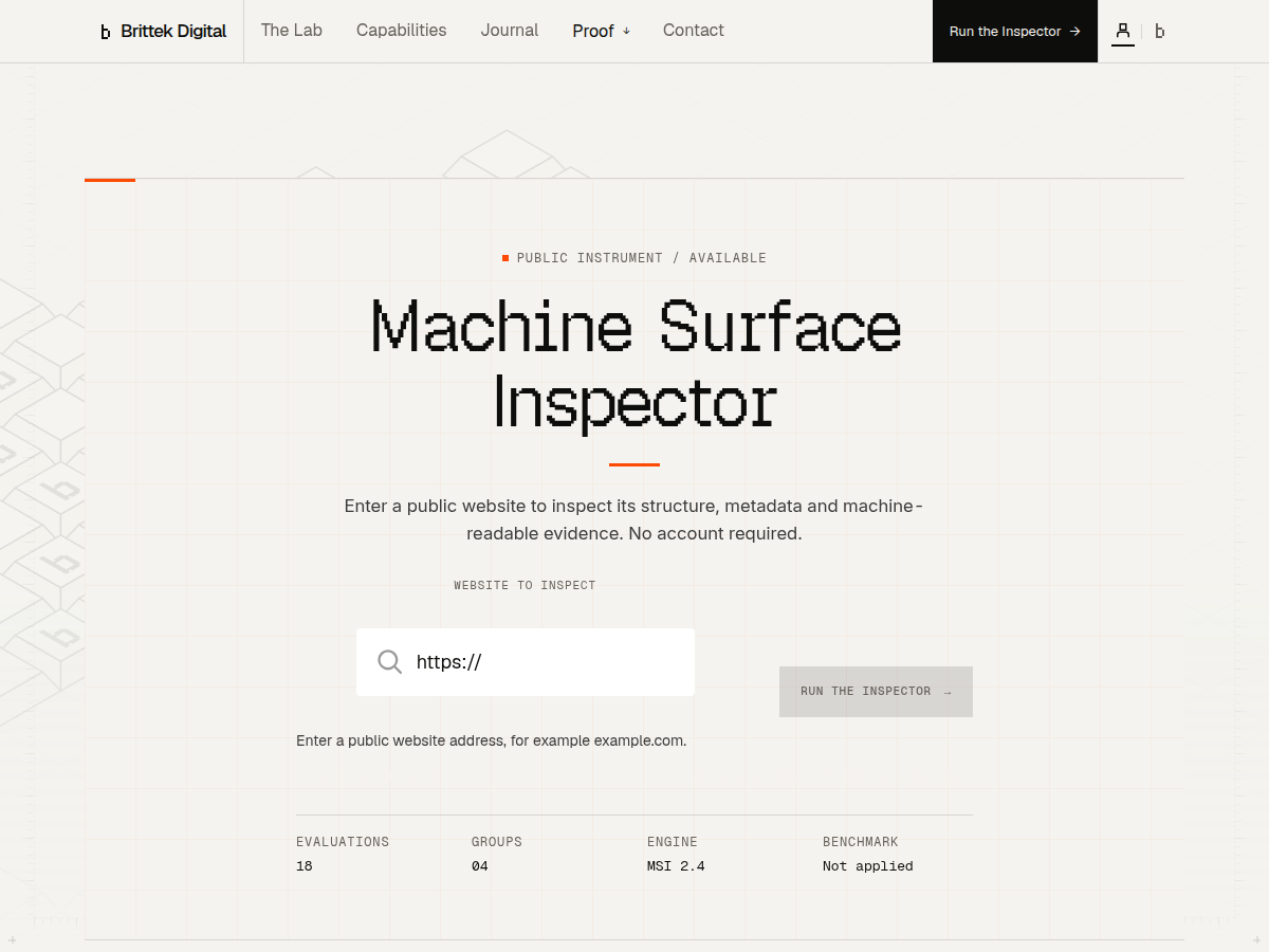 The Machine Surface Inspector: a public website address field above the evidence groups it checks.